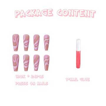 MERVF Long Press on Nails Abstract Coffin Fake Nails Matte Glue on Nails Ballerina Acrylic Nails Full Cover Purple Pink False Nails Clip on Nails 24PCS