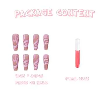 MERVF Long Press on Nails Abstract Coffin Fake Nails Matte Glue on Nails Ballerina Acrylic Nails Full Cover Purple Pink False Nails Clip on Nails 24PCS