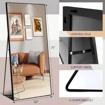 FOYEESION Full Length Mirror with Stand - Large Floor Mirror for Wall-Mounted or Freestanding Use - Aluminum Alloy Frame Dressing Mirror for Home, Adjustable Tilt Design (Black-Rec, 71" L x 32" W)