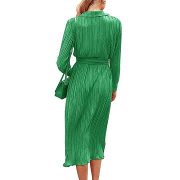KIRUNDO Womens 2024 Spring Fall Long Sleeve Midi Dress Button Down Pleated Shirt Casual V Neck Tie W...