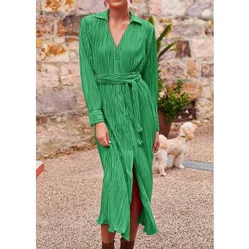 KIRUNDO Womens 2024 Spring Fall Long Sleeve Midi Dress Button Down Pleated Shirt Casual V Neck Tie Waist Elegant Dresses(Green, X-Large)