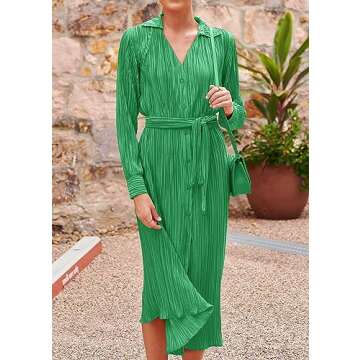 KIRUNDO Womens 2024 Spring Fall Long Sleeve Midi Dress Button Down Pleated Shirt Casual V Neck Tie Waist Elegant Dresses(Green, X-Large)