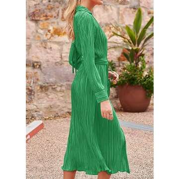 KIRUNDO Womens 2024 Spring Fall Long Sleeve Midi Dress Button Down Pleated Shirt Casual V Neck Tie Waist Elegant Dresses(Green, X-Large)