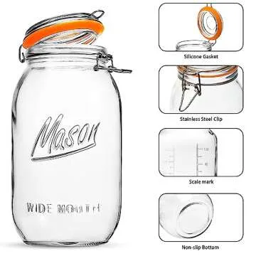 Wide Mouth Mason Jars 64 oz 3 Pack Half Gallon Glass Jar with Airtight Lids, Large Mason Jar with Scale Mark Food Storage Canning Jars for Pickling Flour Sugar Pasta Oats Cereal