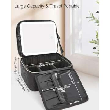 Relavel Makeup Bag with Light Up Mirror, Makeup Case Travel Cosmetic Bags Brush Organizer Storage Box, Rechargeable Vanity Mirror with 3 Color Lights, High Frame Mirror Protection (Quilted Black)