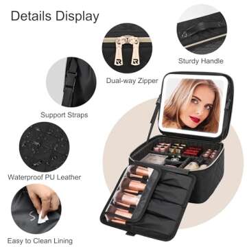 Relavel Makeup Bag with Light Up Mirror, Makeup Case Travel Cosmetic Bags Brush Organizer Storage Box, Rechargeable Vanity Mirror with 3 Color Lights, High Frame Mirror Protection (Quilted Black)