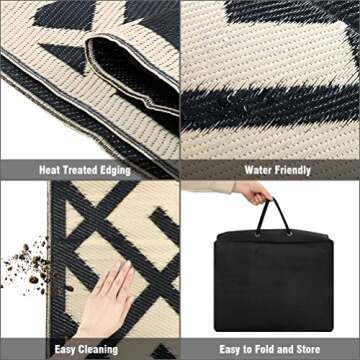 GEUOYEE Reversible Mats - Plastic Straw Rug, Outdoor Rug, Modern Area Rugs, Large Floor Mat for Outdoors, RV, Garden, Patio, Backyard, Deck, Picnic, Beach, Camping, Black & Beige, 5' x 8'