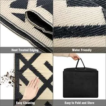 GEUOYEE Reversible Mats - Plastic Straw Rug, Outdoor Rug, Modern Area Rugs, Large Floor Mat for Outdoors, RV, Garden, Patio, Backyard, Deck, Picnic, Beach, Camping, Black & Beige, 5' x 8'