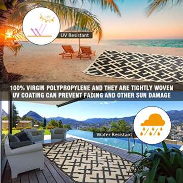 GEUOYEE Reversible Mats - Plastic Straw Rug, Outdoor Rug, Modern Area Rugs, Large Floor Mat for Outdoors, RV, Garden, Patio, Backyard, Deck, Picnic, Beach, Camping, Black & Beige, 5' x 8'