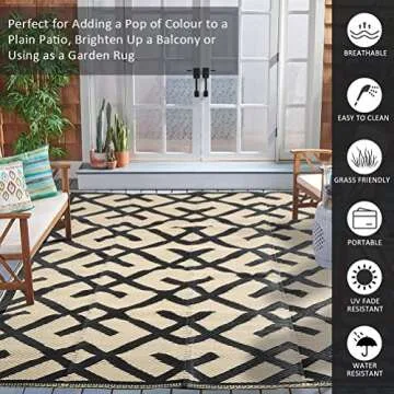GEUOYEE Reversible Mats - Plastic Straw Rug, Outdoor Rug, Modern Area Rugs, Large Floor Mat for Outdoors, RV, Garden, Patio, Backyard, Deck, Picnic, Beach, Camping, Black & Beige, 5' x 8'
