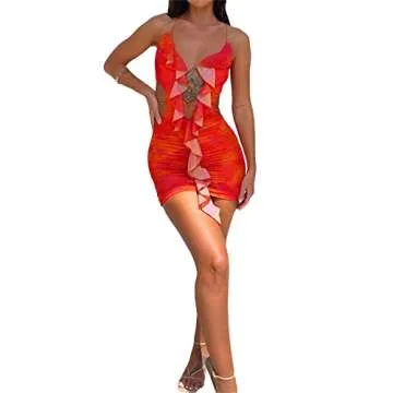 Women Ruffle Hem Mini Dress Y2k Halter Irregular Floral Tassel Dress LowCut Bodycon Mini Dress Party Streetwear (Orange-E, S)