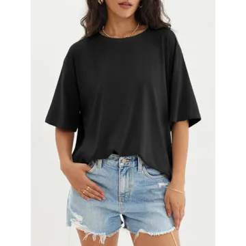 ATHMILE Womens Summer Spring Oversized T Shirts Loose Fit Crewneck Short Sleeve Tops Casual Blouse Y2K 2025 Basic Tee Black