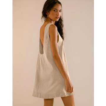 VIUTIL Womens Linen Mini Dress Low Back Casual Beach Vacation Dress 2025 Summer Short Dresses, Nude Khaki, X-Small