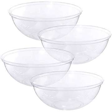 PLASTICPRO Disposable Round Serving Bowls, Party Snack or Salad Bowl, Plastic Crystal Clear Pack of 4 (X Large Bowls, 4)