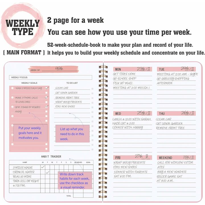 Spiral-Bound Pink Weekly Goals Notebook - Undated