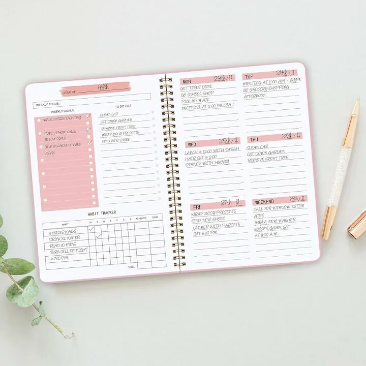 Spiral-Bound Pink Weekly Goals Notebook - Undated