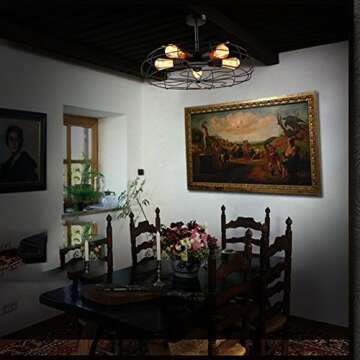 BAYCHEER Semi Flush Mount Ceiling Light Vintage Pendant Lights Industrial Chandelier Black Metal Cage Hanging Fixture with 5 E26 Bulb Base for Hallway,Restaurant,Warehouse,Barn,Living Room,UL Listed