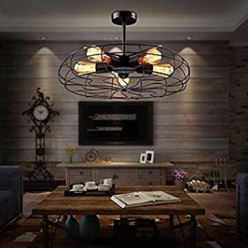 BAYCHEER Semi Flush Mount Ceiling Light Vintage Pendant Lights Industrial Chandelier Black Metal Cage Hanging Fixture with 5 E26 Bulb Base for Hallway,Restaurant,Warehouse,Barn,Living Room,UL Listed