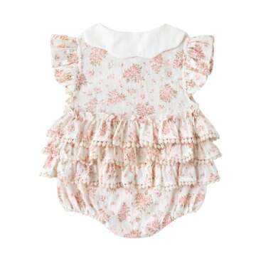 Simplee kids Baby Girl's Romper Floral Print Summer Onesie Peter Pan Collar Button Ruffled Edge Baby...