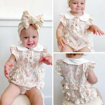 Simplee kids Baby Girl's Romper Floral Print Summer Onesie Peter Pan Collar Button Ruffled Edge Baby Girl Clothes