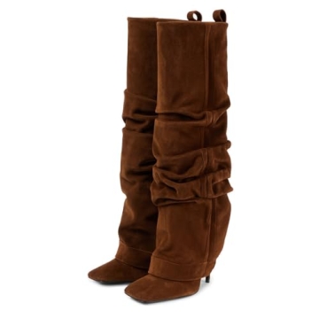Goolita Fold Over Boots For Women - Stylish Stiletto Heel Leather Knee High Boots