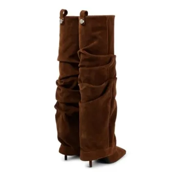 Goolita Stylish Fold Over Stiletto Heel Knee High Boots