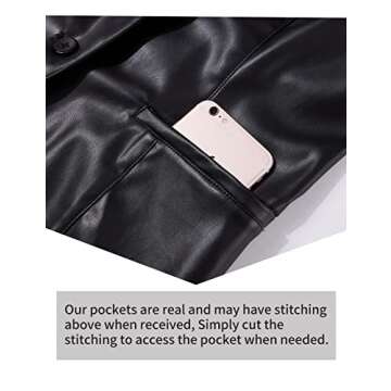 Bellivera Woman's Faux Leather PU Blazer Open Front Business Casual Jacket Mid-Length Spring Fashion Coat with Pockets 21002 Black L