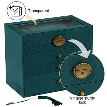 Somduy Jewelry Box for Women, 4 Layers, Vintage Jewelry Organizer and Display Box, Large Capacity Necklace Storage for Earrings Bracelets Rings,Ideal Gift for Your Loved Ones,Green