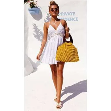 ECOWISH Womens V-Neck Spaghetti Strap Bowknot Backless Sleeveless Lace Mini Swing Skater Dress White 2 Medium