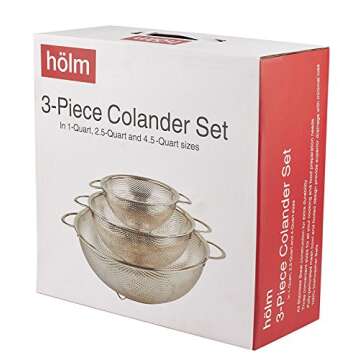HÖLM 3-Piece Stainless Steel Mesh Micro-Perforated Strainer Colander Set (1-Quart, 2.5-Quart and 4.5-Quart)