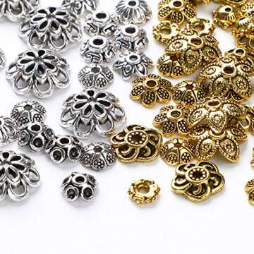 FEBSNOW About 160Pcs Spacer Beads Caps, Bali Style Mixed Tibetan Silver and Antique Gold Flower Bead...