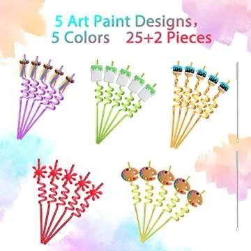 25 Reusable Art Painting Straws for Sip and Paint Brushes Birthday Party Supplies Decorations Favors,Welcome Back to School Party Supplies Gift with 2 Cleaning Brushes