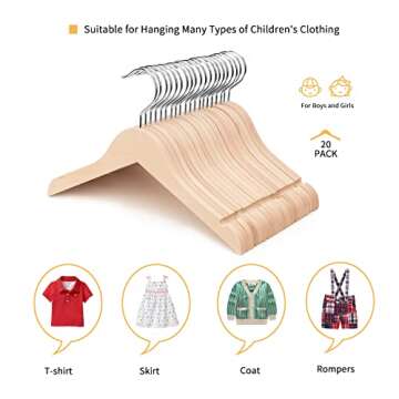 Nature Smile 20 Pack Unfinished/Natural Kids Baby Children Toddler Wooden Shirt Dress Coat Hangers with No Painting - 360°Stronger Anti-Rust Chrome Swivel Hook - Extra Smoothly Cut Notches