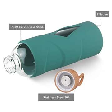 Justfwater 32 oz Borosilicate Glass Water Bottle BPA Free Reusable Glass Drinking Bottle with Silicone Sleeve and Bamboo Lid (Dark Green)