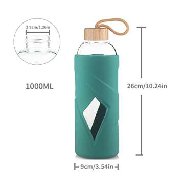 Justfwater 32 oz Borosilicate Glass Water Bottle BPA Free Reusable Glass Drinking Bottle with Silicone Sleeve and Bamboo Lid (Dark Green)