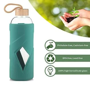 Justfwater 32 oz Borosilicate Glass Water Bottle BPA Free Reusable Glass Drinking Bottle with Silicone Sleeve and Bamboo Lid (Dark Green)
