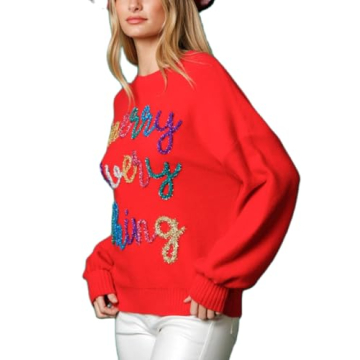 DSORVICD Women Glitter Christmas Sweater Sequin Long Sleeve Knit Pullover Ugly Graphic Oversized Holiday Sweater Streetwear D Red