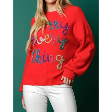 DSORVICD Women Glitter Christmas Sweater Sequin Long Sleeve Knit Pullover Ugly Graphic Oversized Holiday Sweater Streetwear D Red
