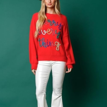 DSORVICD Women Glitter Christmas Sweater Sequin Long Sleeve Knit Pullover Ugly Graphic Oversized Holiday Sweater Streetwear D Red