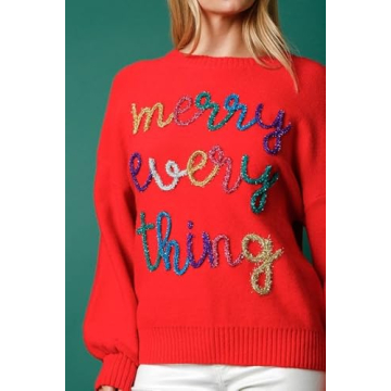 DSORVICD Women Glitter Christmas Sweater Sequin Long Sleeve Knit Pullover Ugly Graphic Oversized Holiday Sweater Streetwear D Red