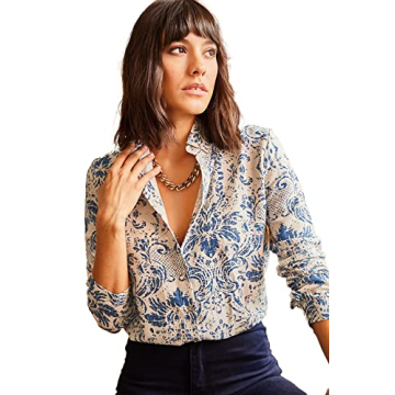 Blouses for Women Fashion, Casual Long Sleeve Button Down Shirts Tops (Blue Print, Medium)