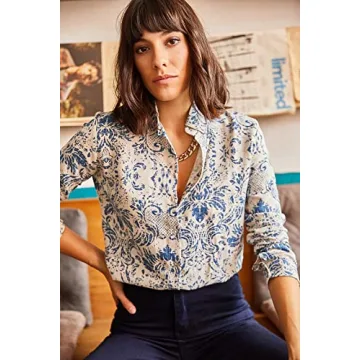 Blouses for Women Fashion, Casual Long Sleeve Button Down Shirts Tops (Blue Print, Medium)