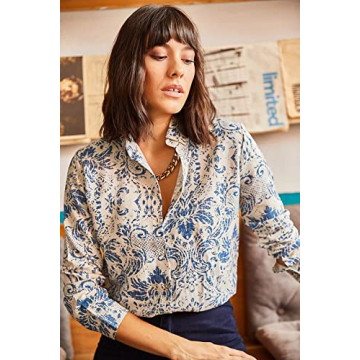 Blouses for Women Fashion, Casual Long Sleeve Button Down Shirts Tops (Blue Print, Medium)