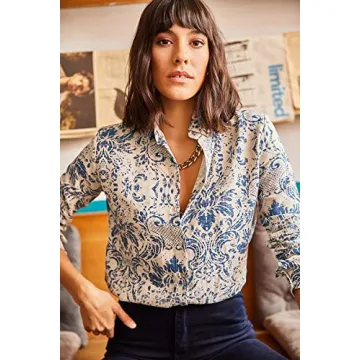 Blouses for Women Fashion, Casual Long Sleeve Button Down Shirts Tops (Blue Print, Medium)