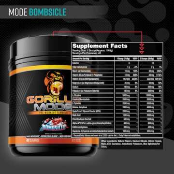 Gorilla Mode Pre Workout - Massive Pumps · Laser Focus · Energy · Power - L-Citrulline, Creatine, L-Tyrosine, Betaine, Hydroprime®, Alpha-GPC, 400mg Caffeine, Huperzine A - 620g (Bombsicle)