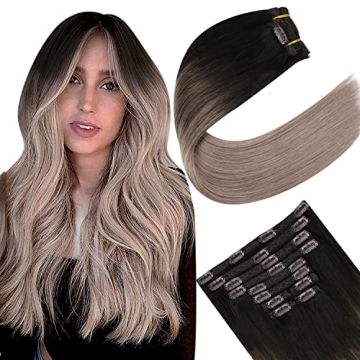 Ugeat 20 Inch Clip in Balayage Hair Extensions Human Hair #2/18 Darkest Brown Ombre Ash Blonde Doubl...