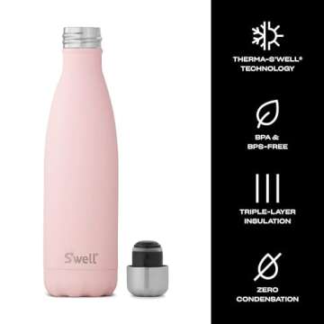 S'well Stainless Steel Water Bottle, 17oz, Pink Topaz, Triple Layered Vacuum Insulated Containers Keeps Drinks Cold for 36 Hours and Hot for 18, BPA Free, Perfect for On the Go