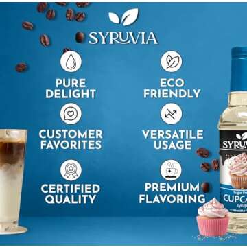 Syruvia Sugar-Free Cupcake Coffee Syrup - 25.4 fl oz Premium Coffee Flavoring Syrup. 0 Calories, Kosher, and Gluten-Free. Ideal for Drinks, Sodas, Shakes, Desserts, and More.