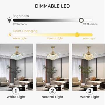 CROSSIO Modern Crystal Ceiling Fan with Lights Gold Retractable Ceiling Fan Dimmable LED Ceiling Fan Light 42" Invisible Fandelier for Bedroom Living Room