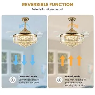 CROSSIO Modern Crystal Ceiling Fan with Lights Gold Retractable Ceiling Fan Dimmable LED Ceiling Fan Light 42" Invisible Fandelier for Bedroom Living Room